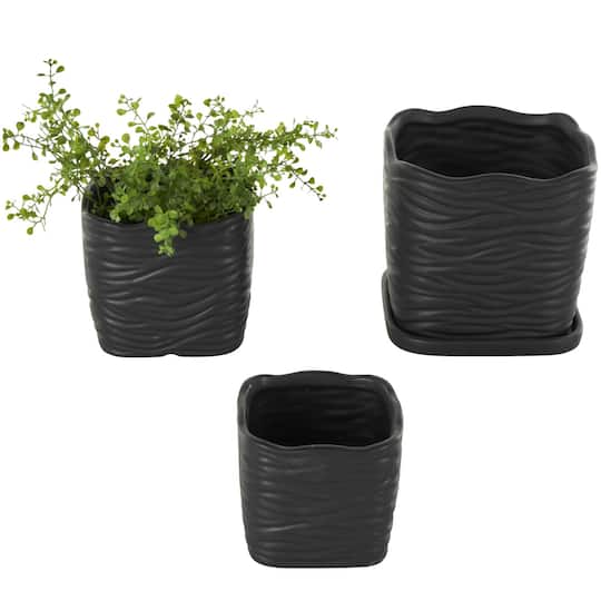 Black Wavy Ribbed Ceramic Planter Set